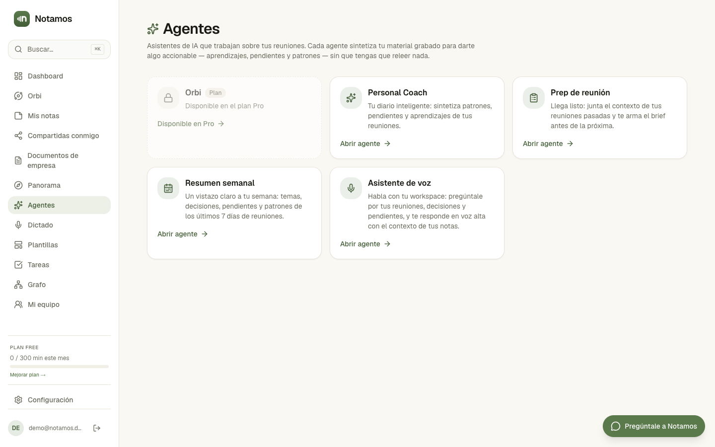 Notamos — vista de Agentes: diario que se escribe solo, con insights.